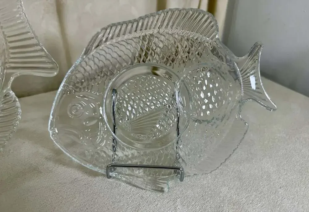 Vintage Anchor Hocking Clear Glass Fish Shaped Serving Platter and Plate Set